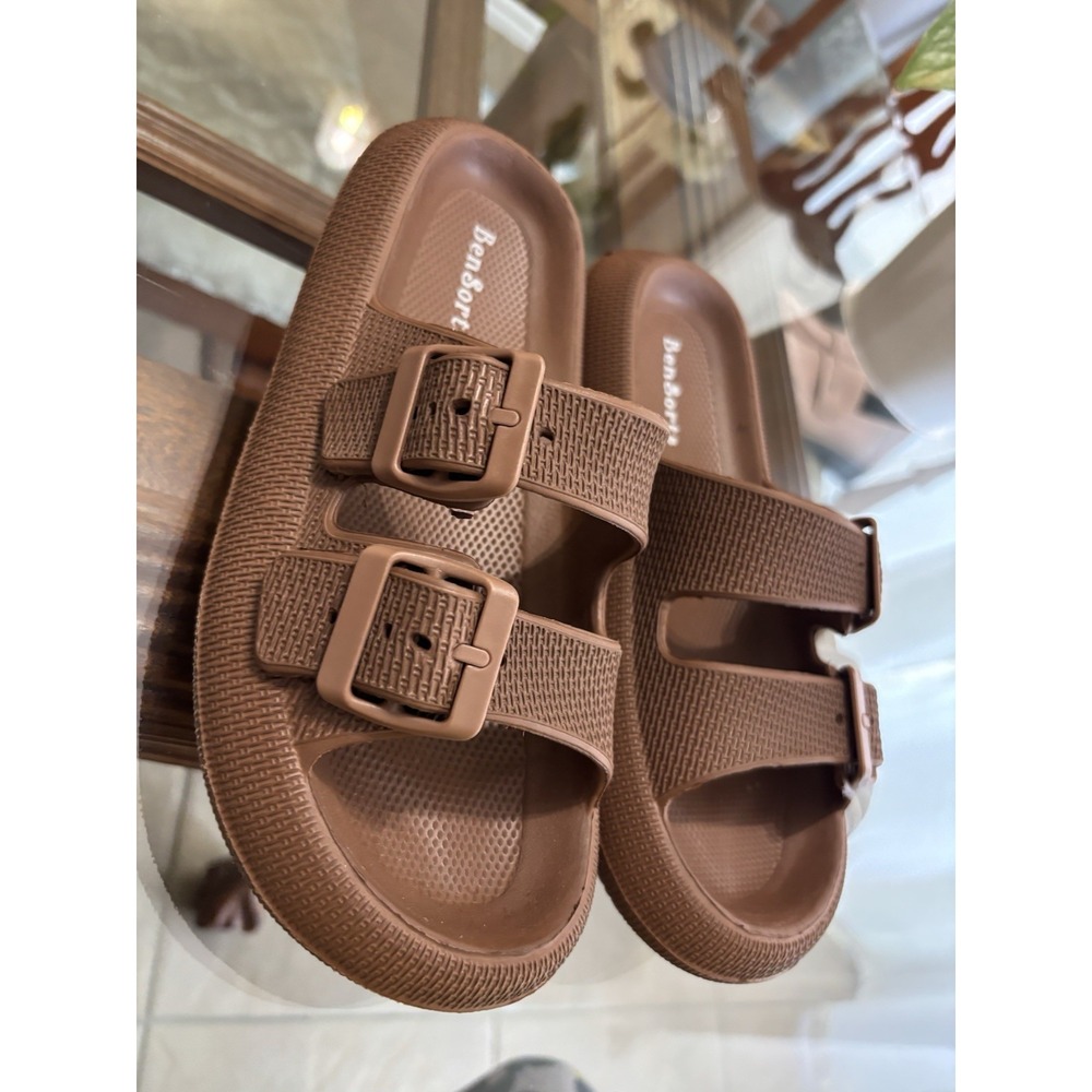 BenSorts Womens Brown Double Buckle Slide Sandals Flat US 8.5-9 EU 39-40 - Picture 3 of 13